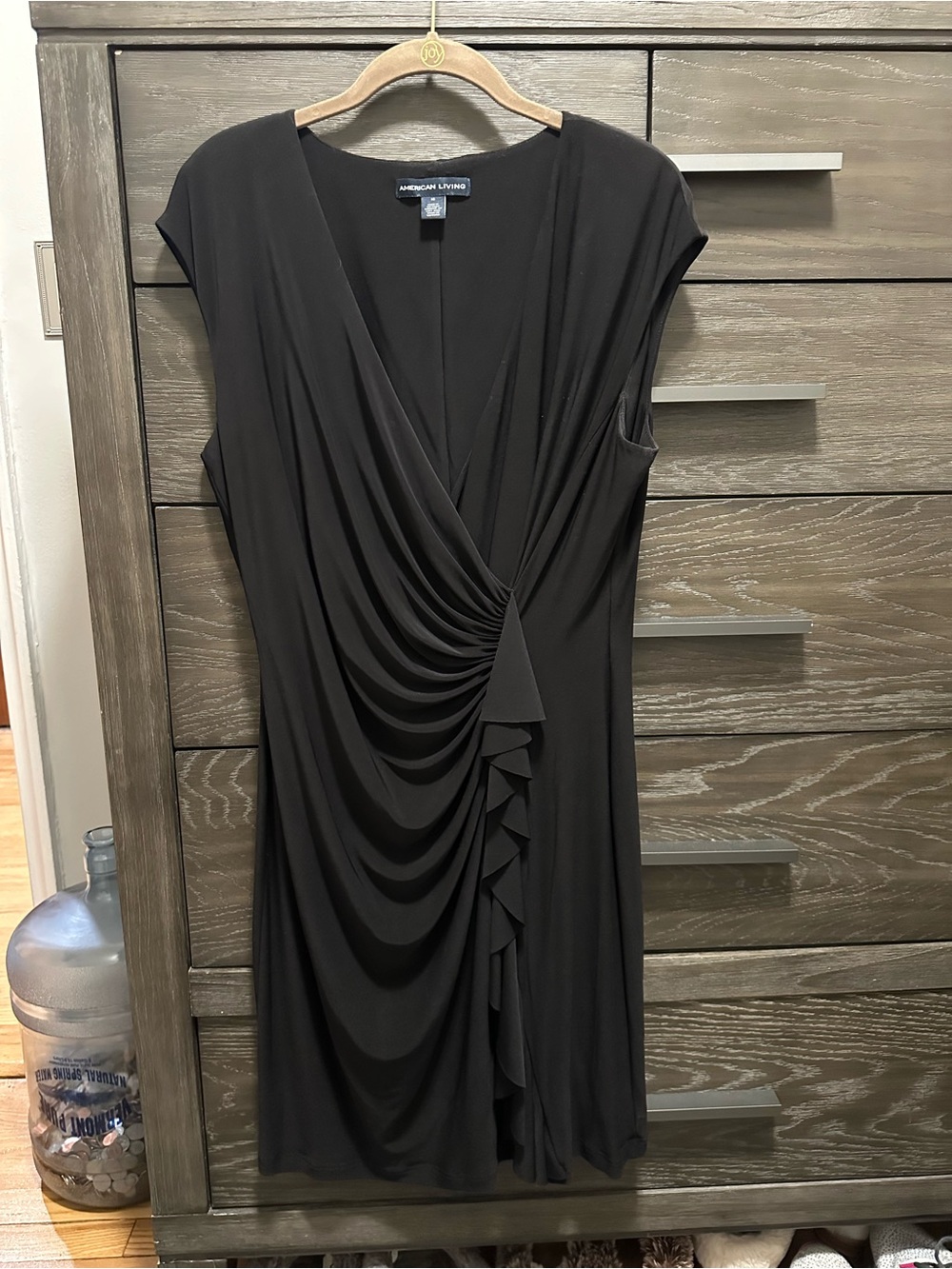 American Living Black Ruched V-Neck Midi Dress